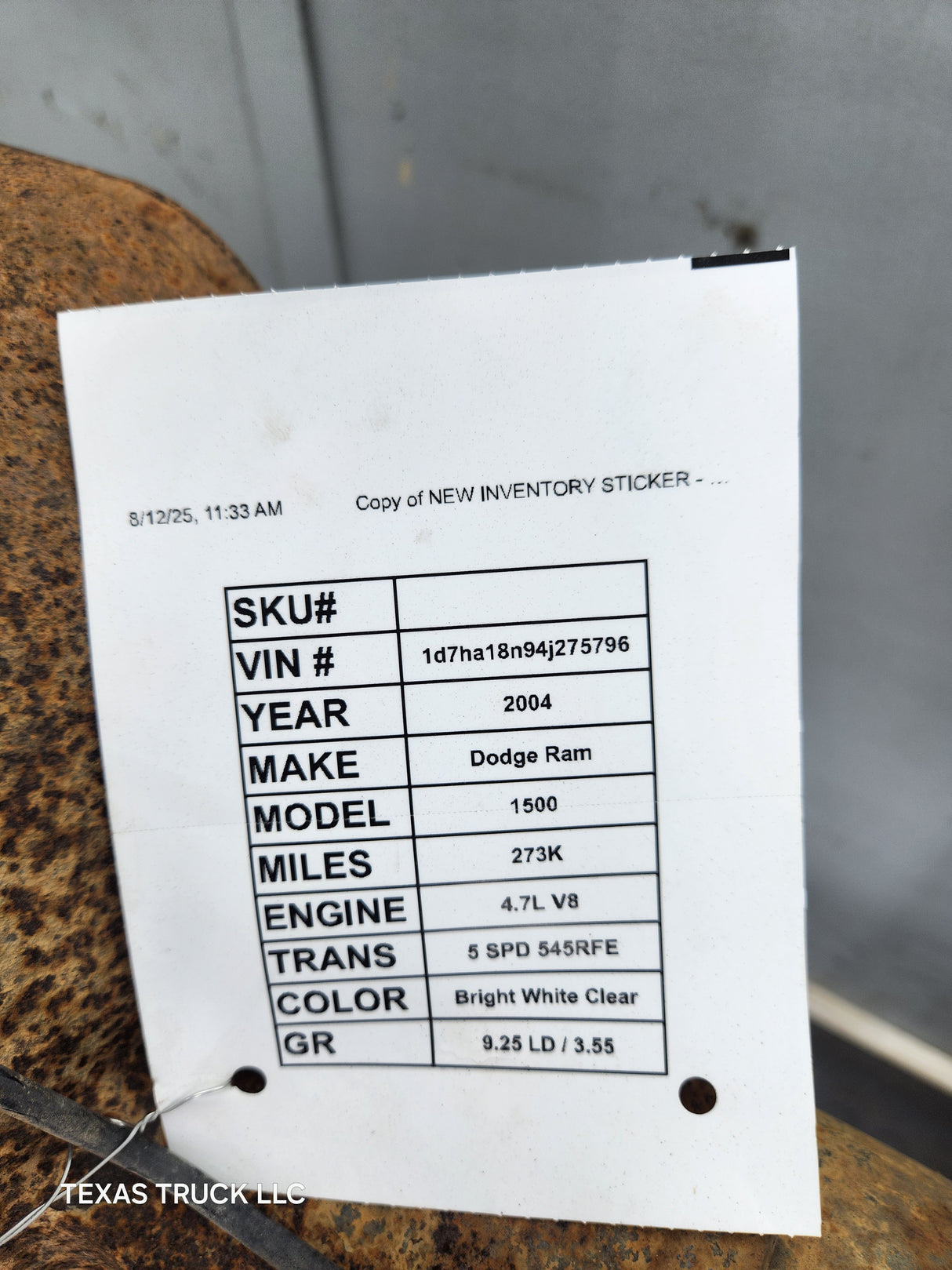 2002-2005 Dodge Ram 1500 Rear Axle 3.55 Gear Ratio 3rd Gen