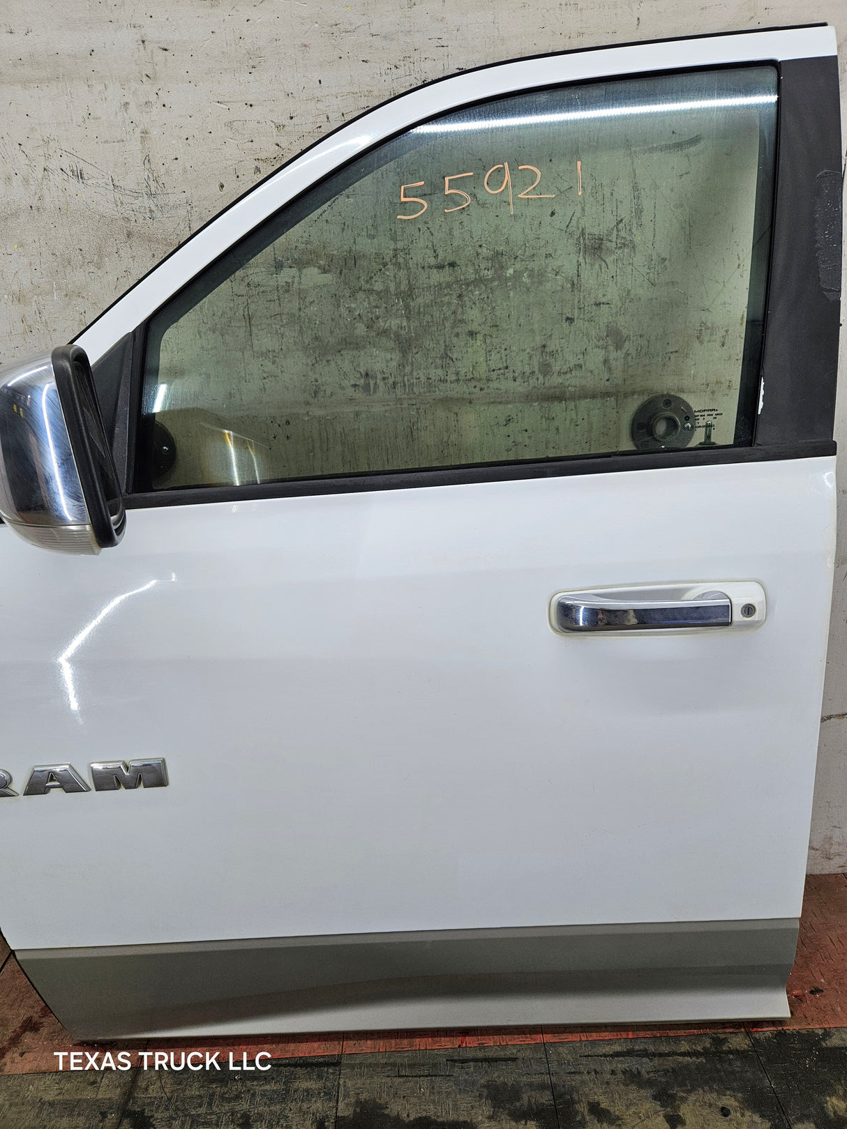 2009-2018 Dodge Ram 4th Gen LH Driver Side Front Quad Cab Door 1500 2500 3500 4500 5500 - Bright White Clear Coat & Pebble Beige/Bark Brown