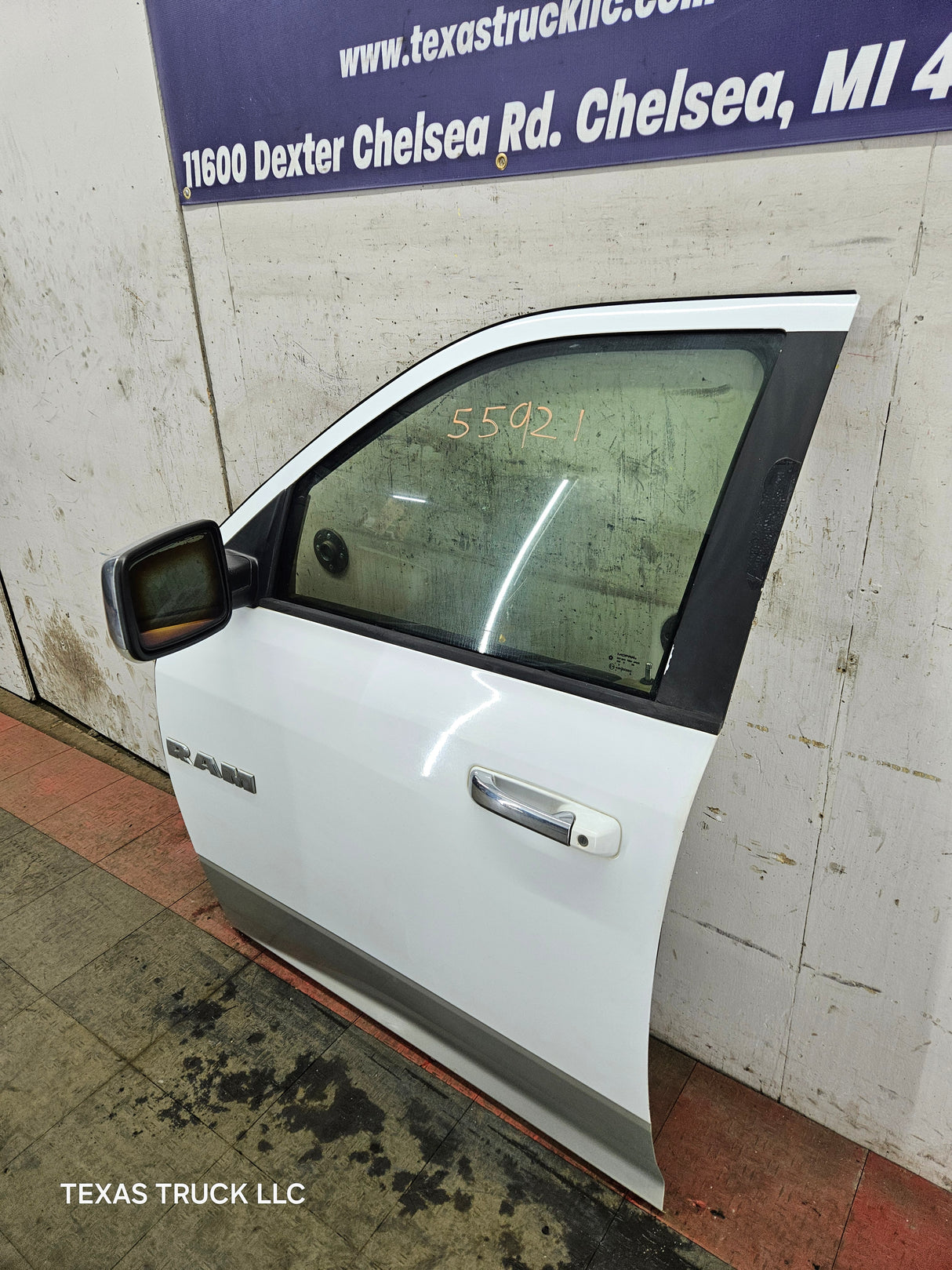2009-2018 Dodge Ram 4th Gen LH Driver Side Front Quad Cab Door 1500 2500 3500 4500 5500 - Bright White Clear Coat & Pebble Beige/Bark Brown