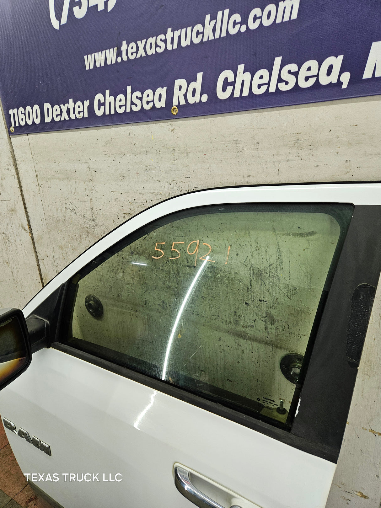 2009-2018 Dodge Ram 4th Gen LH Driver Side Front Quad Cab Door 1500 2500 3500 4500 5500 - Bright White Clear Coat & Pebble Beige/Bark Brown