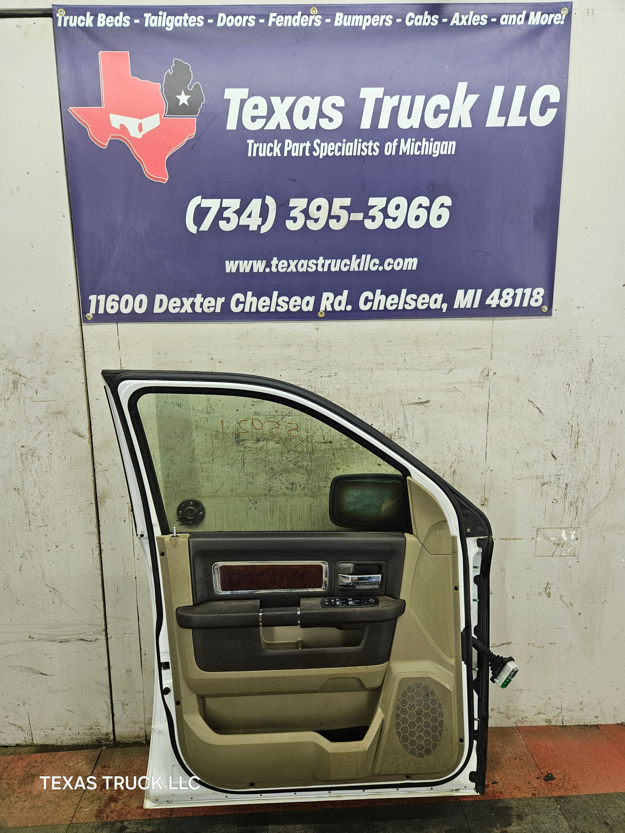 2009-2018 Dodge Ram 4th Gen LH Driver Side Front Quad Cab Door 1500 2500 3500 4500 5500 - Bright White Clear Coat & Pebble Beige/Bark Brown