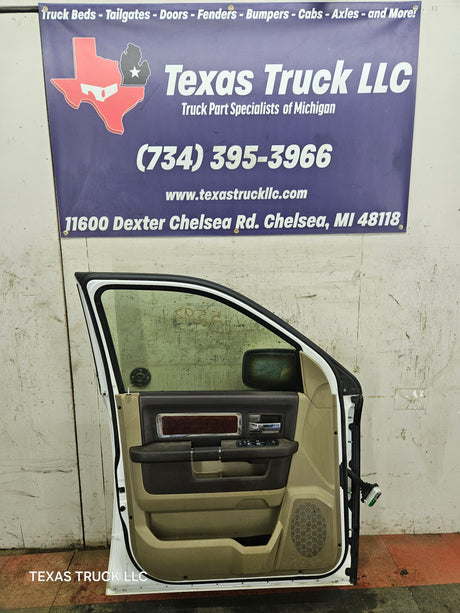 2009-2018 Dodge Ram 4th Gen LH Driver Side Front Quad Cab Door 1500 2500 3500 4500 5500 - Bright White Clear Coat & Pebble Beige/Bark Brown