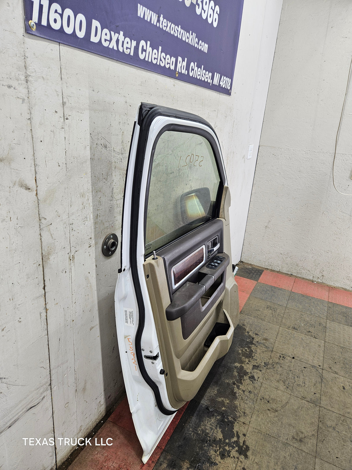 2009-2018 Dodge Ram 4th Gen LH Driver Side Front Quad Cab Door 1500 2500 3500 4500 5500 - Bright White Clear Coat & Pebble Beige/Bark Brown