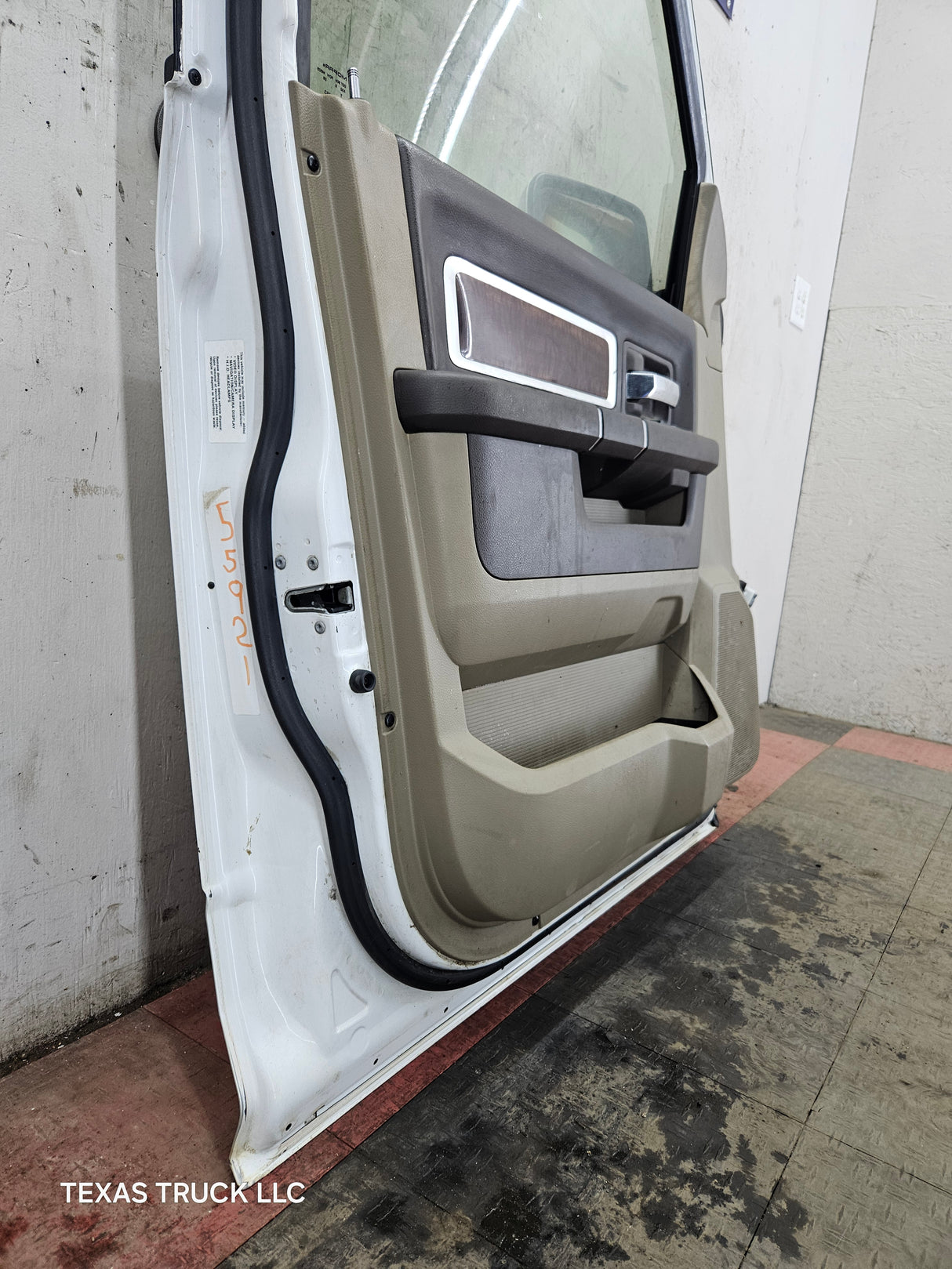 2009-2018 Dodge Ram 4th Gen LH Driver Side Front Quad Cab Door 1500 2500 3500 4500 5500 - Bright White Clear Coat & Pebble Beige/Bark Brown