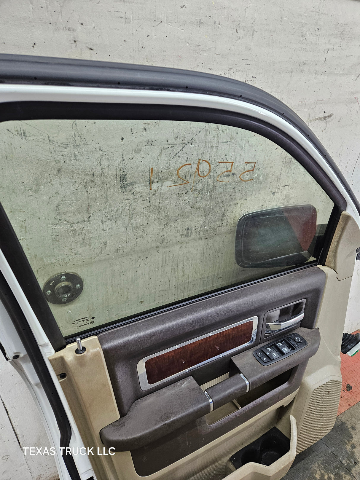 2009-2018 Dodge Ram 4th Gen LH Driver Side Front Quad Cab Door 1500 2500 3500 4500 5500 - Bright White Clear Coat & Pebble Beige/Bark Brown
