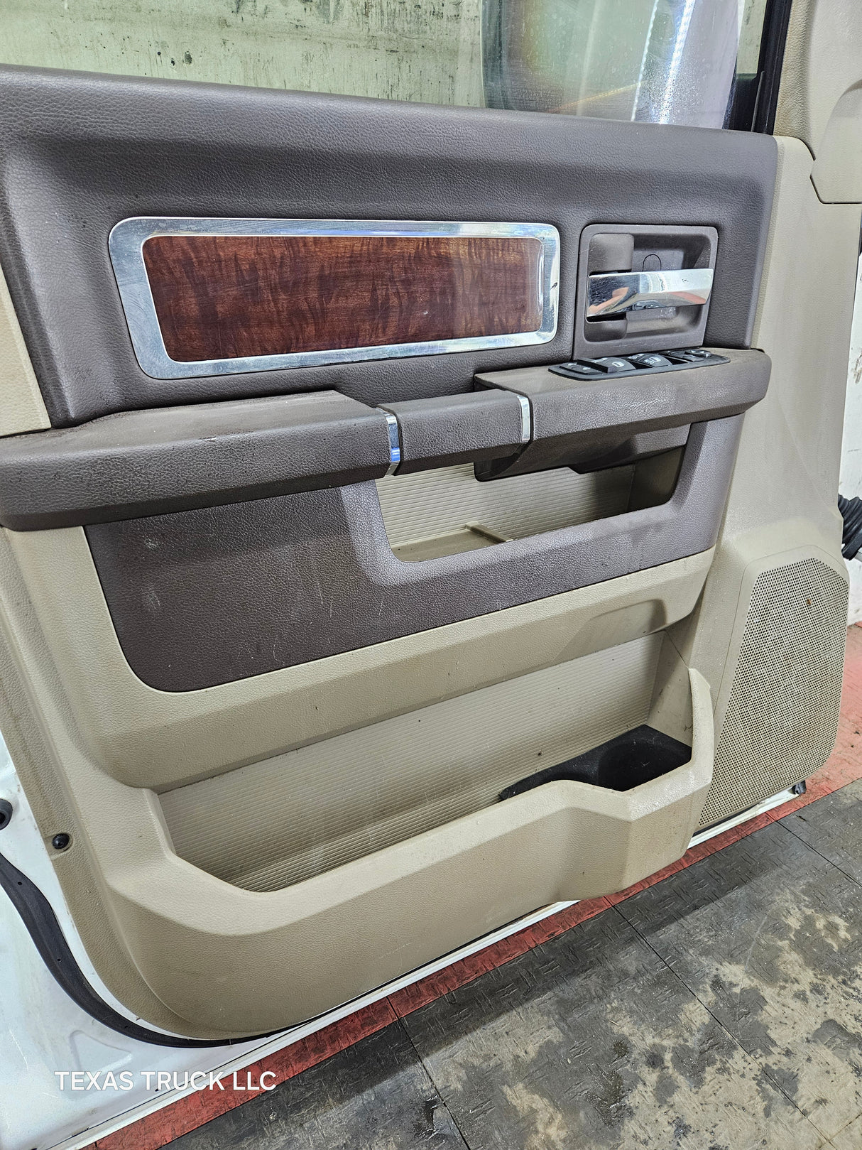2009-2018 Dodge Ram 4th Gen LH Driver Side Front Quad Cab Door 1500 2500 3500 4500 5500 - Bright White Clear Coat & Pebble Beige/Bark Brown