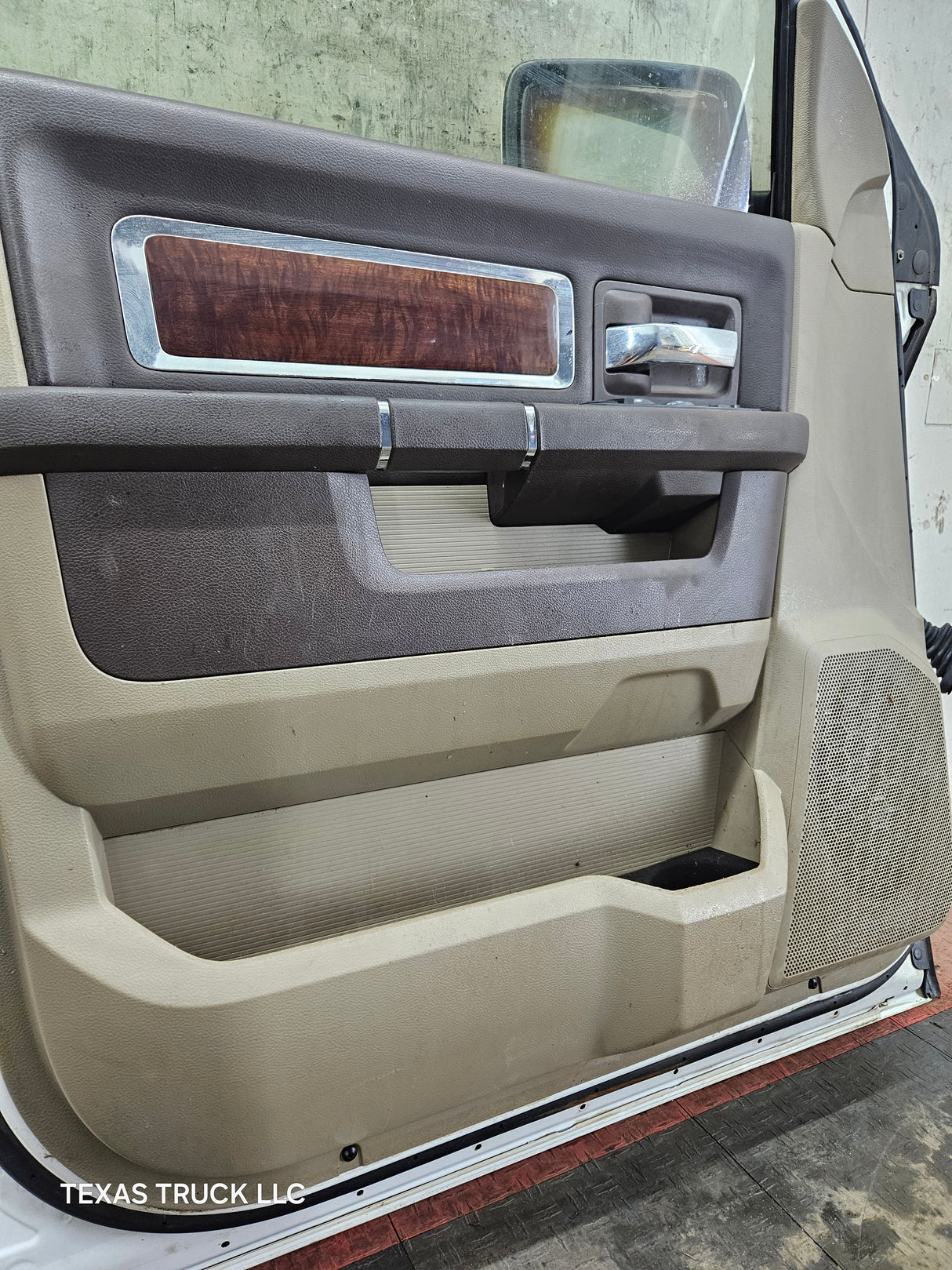 2009-2018 Dodge Ram 4th Gen LH Driver Side Front Quad Cab Door 1500 2500 3500 4500 5500 - Bright White Clear Coat & Pebble Beige/Bark Brown