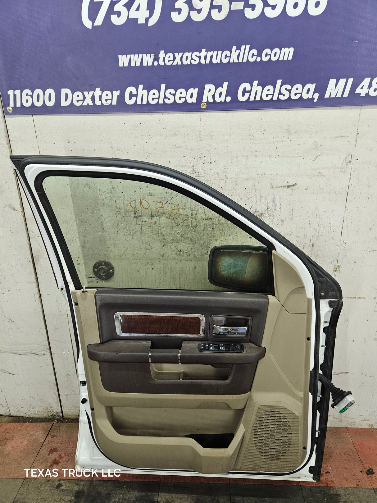 2009-2018 Dodge Ram 4th Gen LH Driver Side Front Quad Cab Door 1500 2500 3500 4500 5500 - Bright White Clear Coat & Pebble Beige/Bark Brown