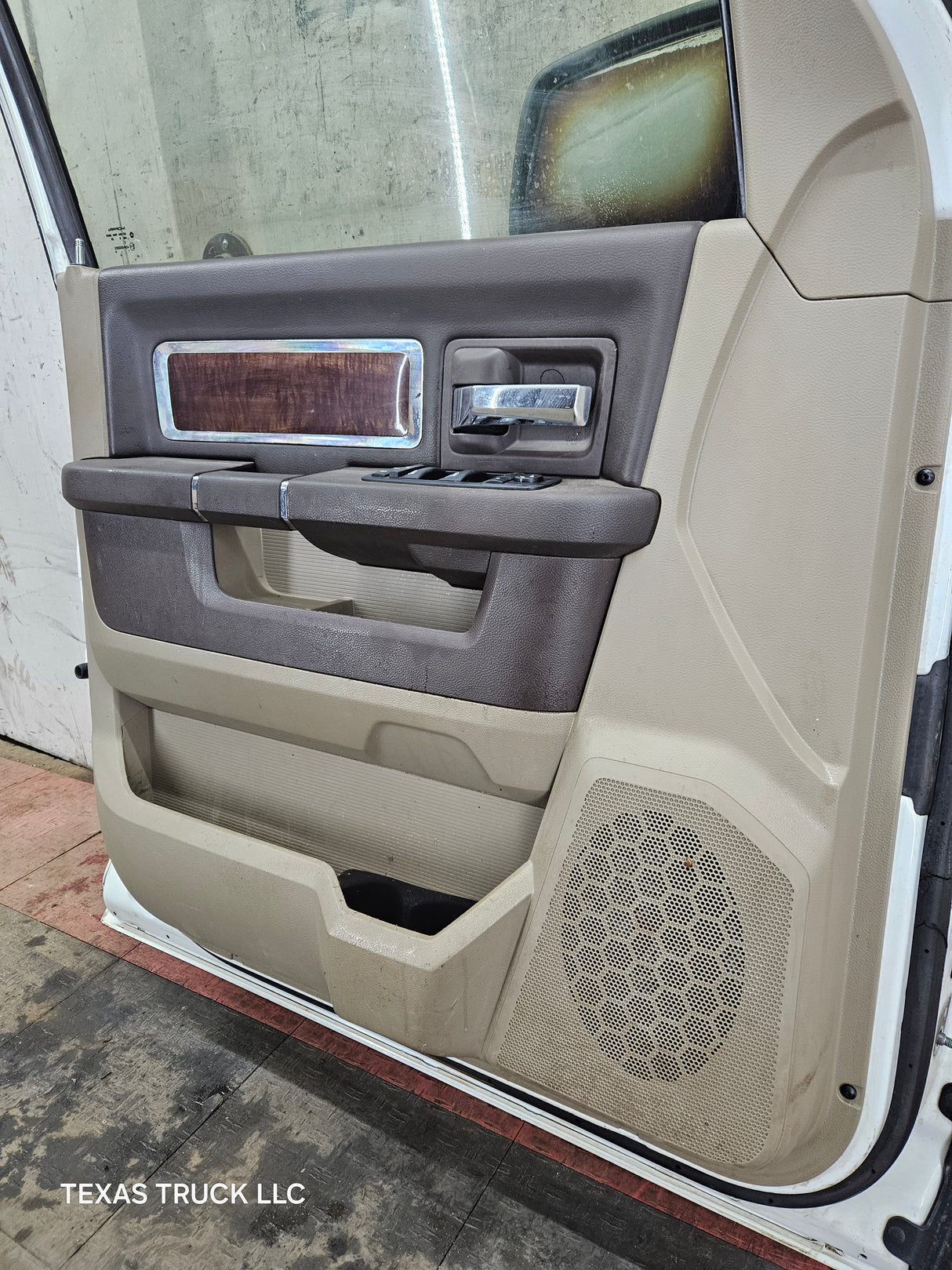 2009-2018 Dodge Ram 4th Gen LH Driver Side Front Quad Cab Door 1500 2500 3500 4500 5500 - Bright White Clear Coat & Pebble Beige/Bark Brown