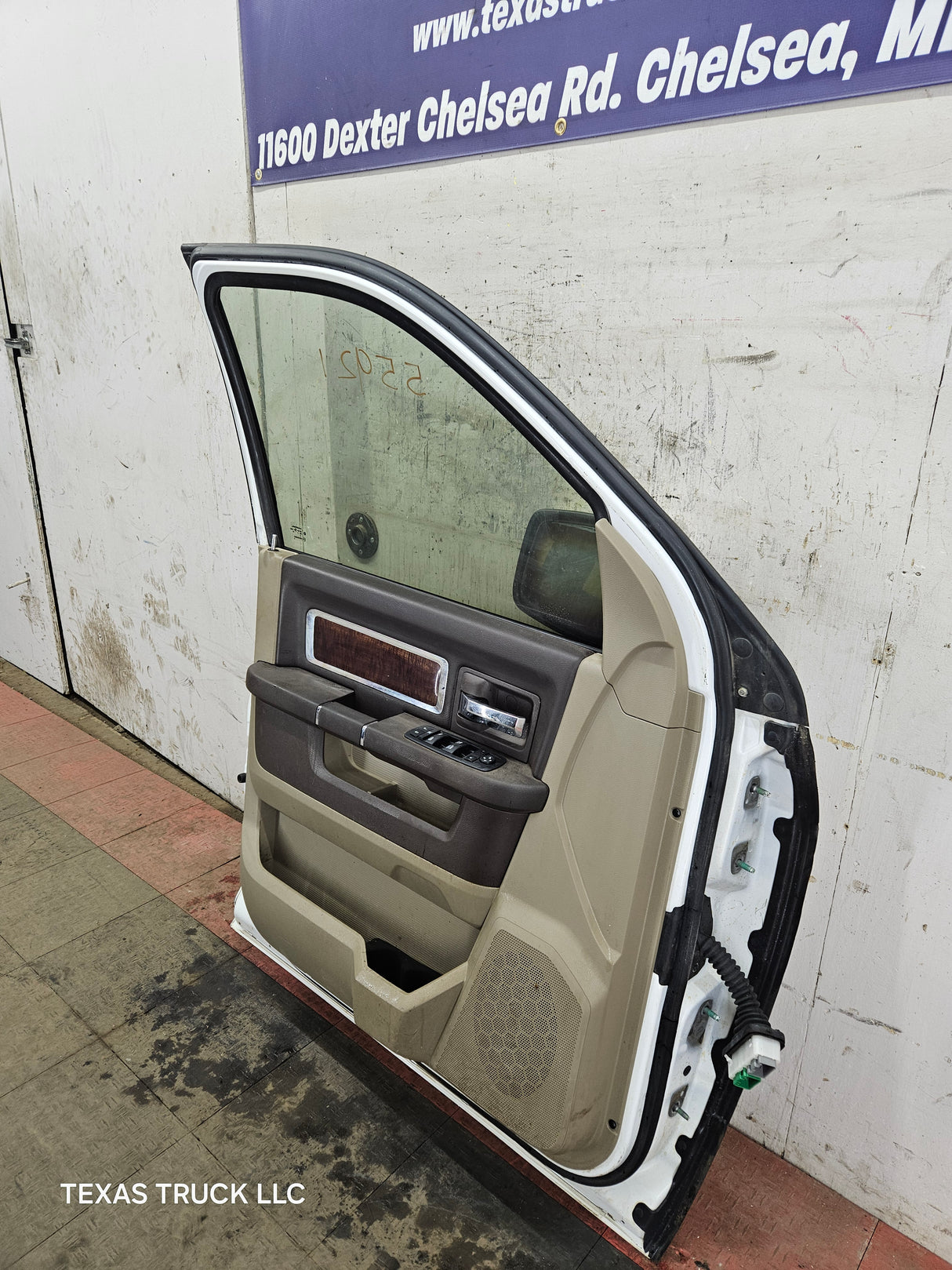 2009-2018 Dodge Ram 4th Gen LH Driver Side Front Quad Cab Door 1500 2500 3500 4500 5500 - Bright White Clear Coat & Pebble Beige/Bark Brown