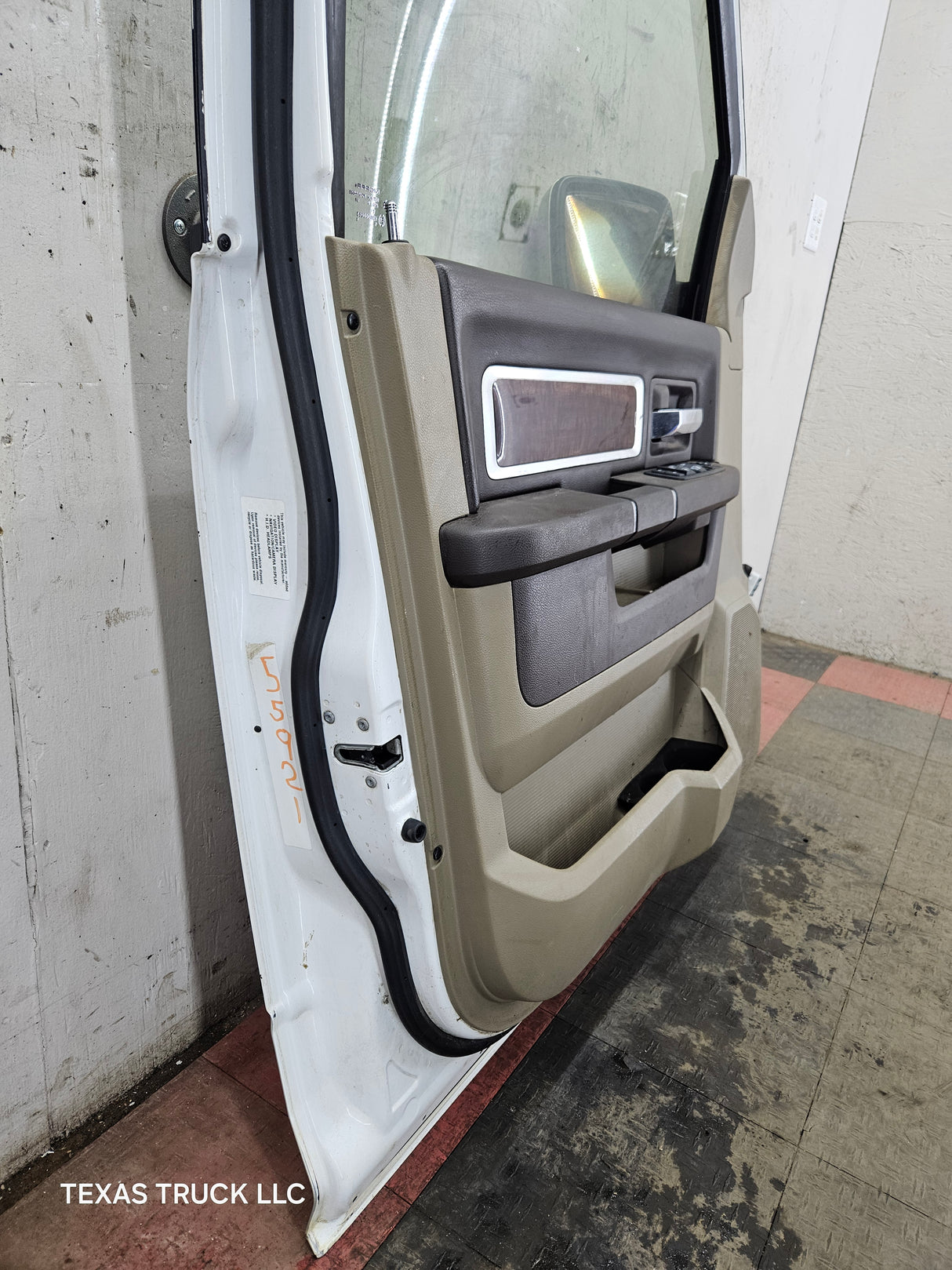 2009-2018 Dodge Ram 4th Gen LH Driver Side Front Quad Cab Door 1500 2500 3500 4500 5500 - Bright White Clear Coat & Pebble Beige/Bark Brown