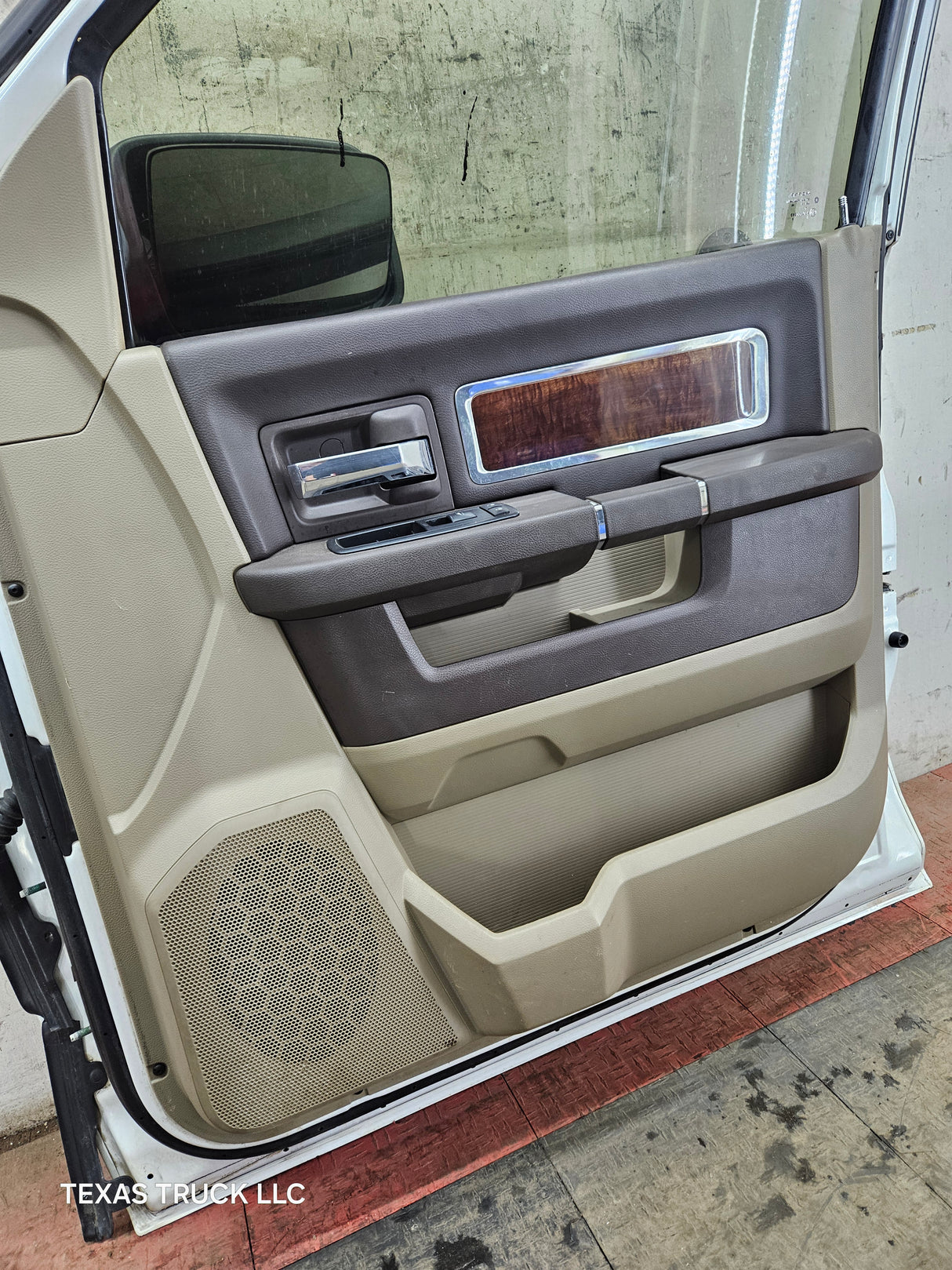 2009-2018 Dodge Ram 4th Gen Passenger Side RH Front Quad Cab Door 1500 2500 3500 4500 5500 - Bright White Clear Coat & Pebble Beige/Bark Brown